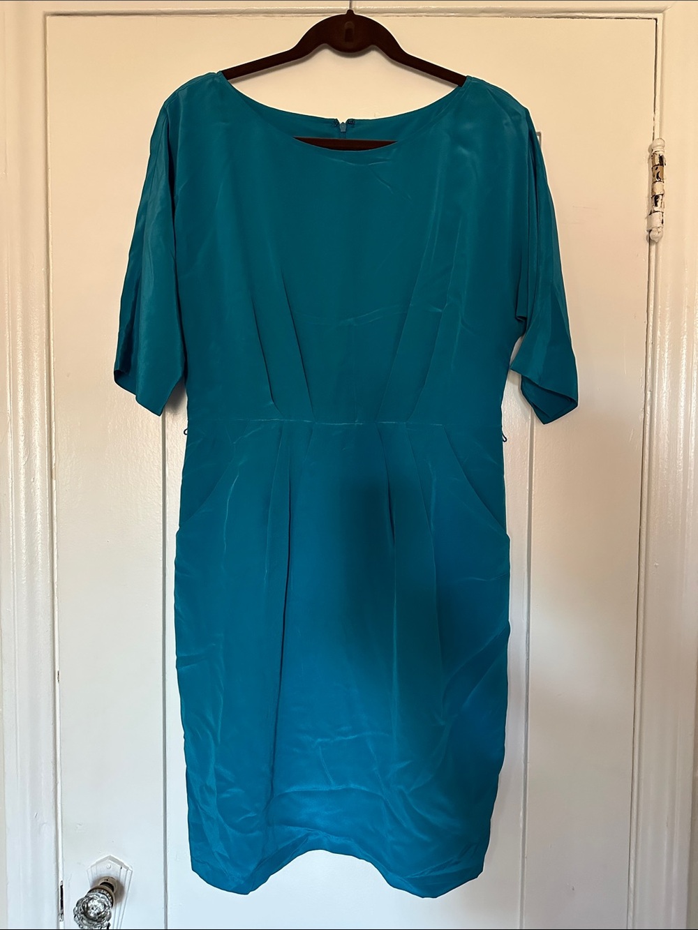 Donna Morgan 100% Silk Midi Dress Teal Sheath Dress size 12